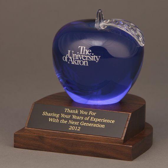 Etched Blue Optical Crystal Apple on Walnut Wood Base