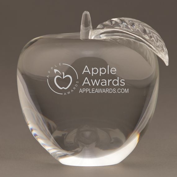 Etched Optical Crystal Apple Paperweight with Leaf