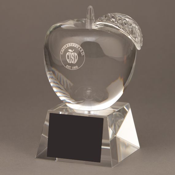 Etched Large Crystal Apple Award with Blank Plate