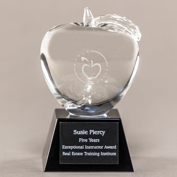 Etched Optical Crystal Apple on Black Optical Crystal Base