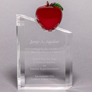 Red Apple on Etched Solid Crystal Pillar for a Retirement Gift