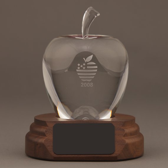 Etched Smooth Crystal Apple on Walnut Base