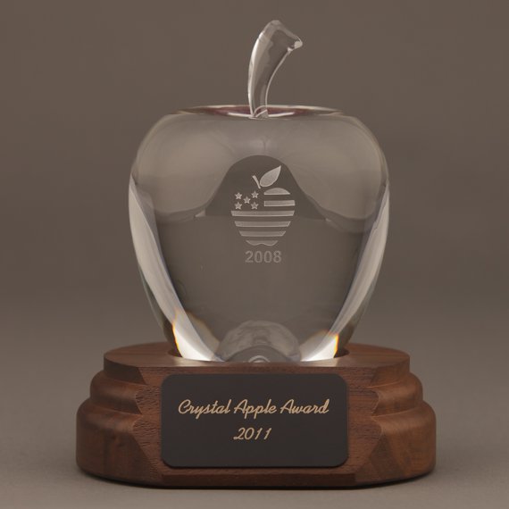 Etched Smooth Crystal Apple on Walnut Base Engraved