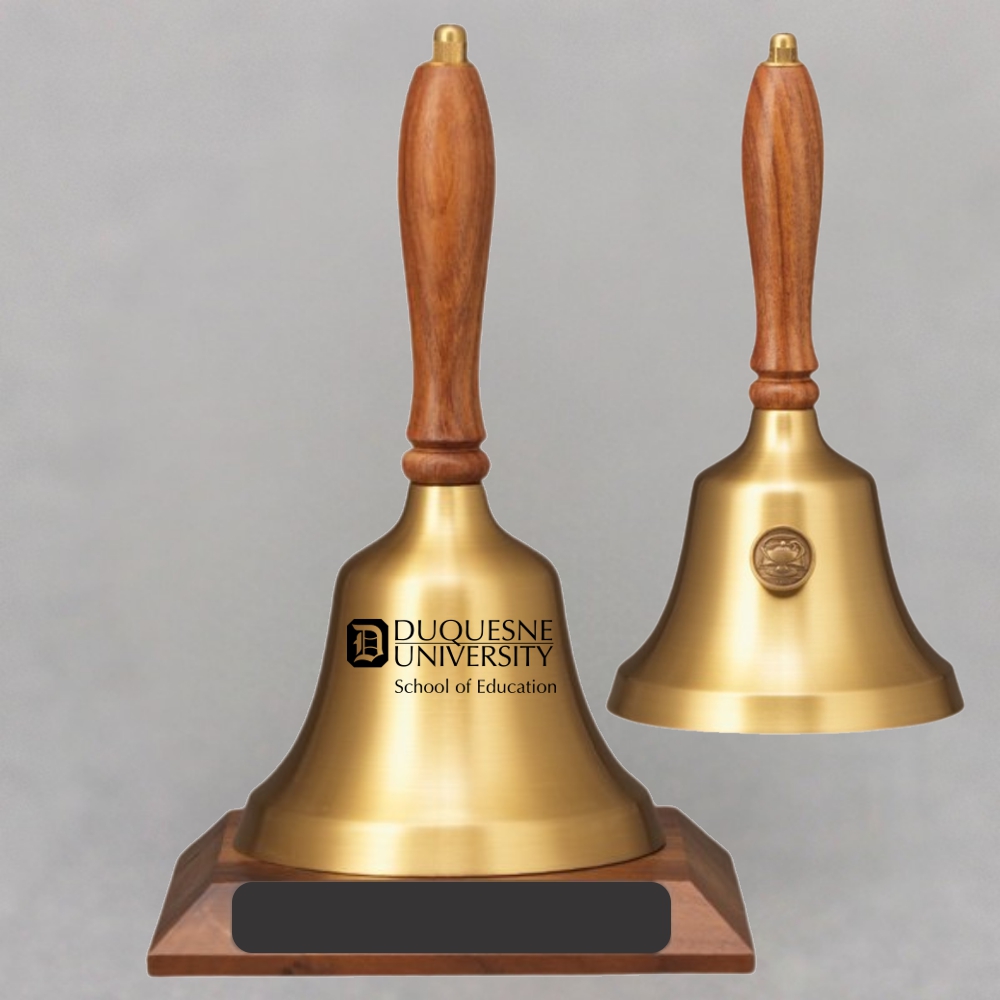 Teacher Gratitude Hand Bell with Walnut Handle, Base & Medallion - Bell Personalization