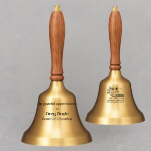 Golden Teacher Retirement Hand Bell with Walnut Handle - 2 Sided Personalization