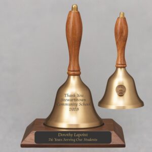 Teacher Recognition Hand Bell with Walnut Handle, Base & Medallion - Bell & Plate Personalization