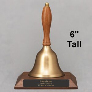 Gold Retiring Teacher Recognition Hand Bell with Walnut Handle and Base - Engraved Plate