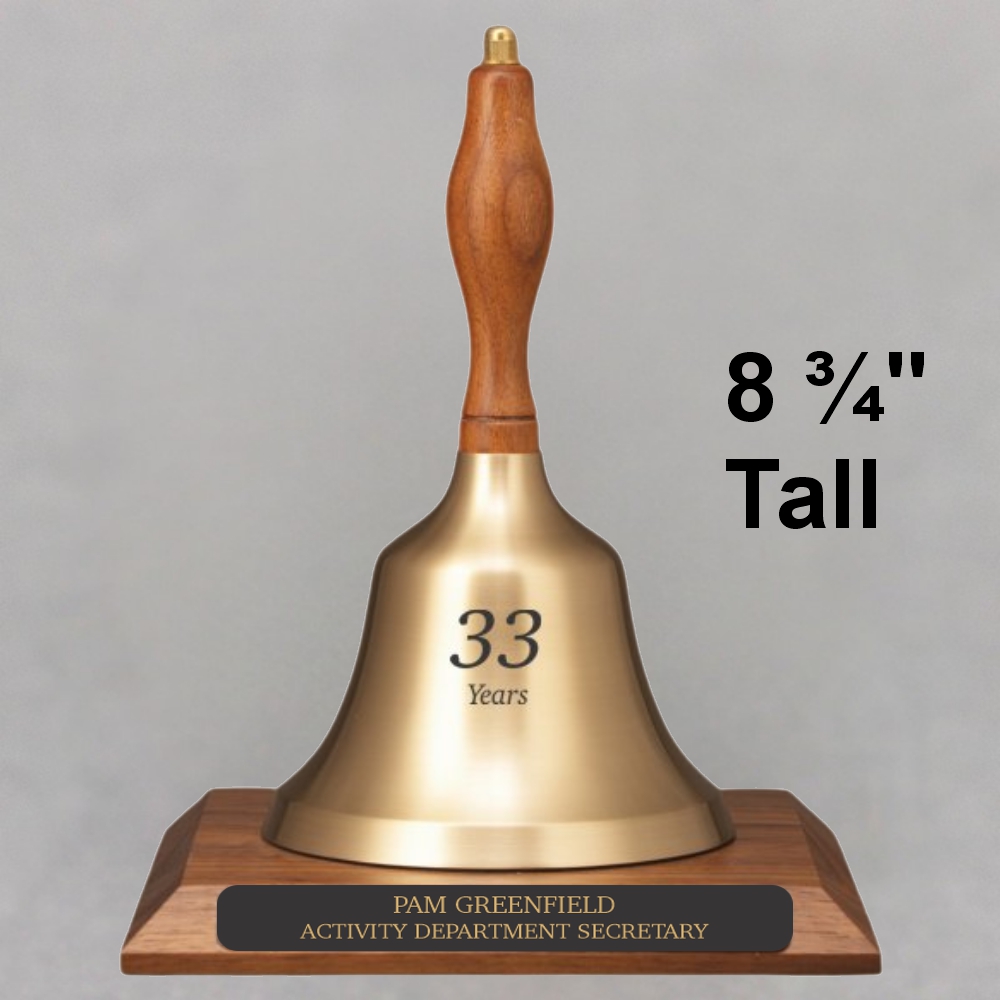 Teacher Appreciation Hand Bell with Walnut Handle and Base - All Engraving Included