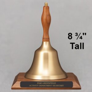 Golden Teacher Recognition Hand Bell with Walnut Handle and Base - Engraved Plate