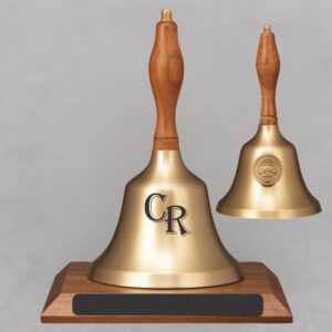 Teacher Recognition Hand Bell with Walnut Handle, Base & Medallion - Bell Personalization