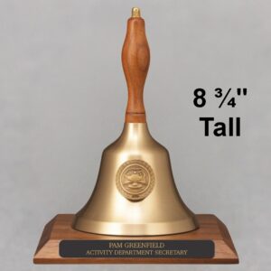 Teacher Recognition Gold Hand Bell with Walnut Handle, Base & Medallion - Plate Personalization
