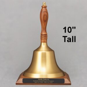 Golden Teacher Recognition Hand Bell with Walnut Handle and Base - Engraved Plate