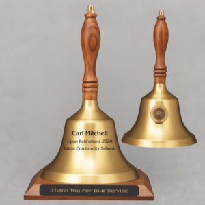Teacher Recognition Hand Bell with Walnut Handle, Base & Medallion - Bell & Plate Personalization
