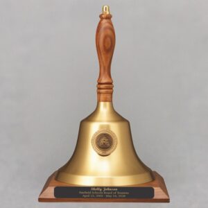 Teacher Recognition Gold Hand Bell with Walnut Handle, Base & Medallion - Plate Personalization