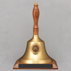 Teacher Recognition Gold Hand Bell with Walnut Handle, Base & Medallion - No Personalization