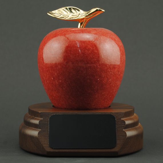 Teacher Appreciation Red Marble Apple on Walnut Base - No Personalization