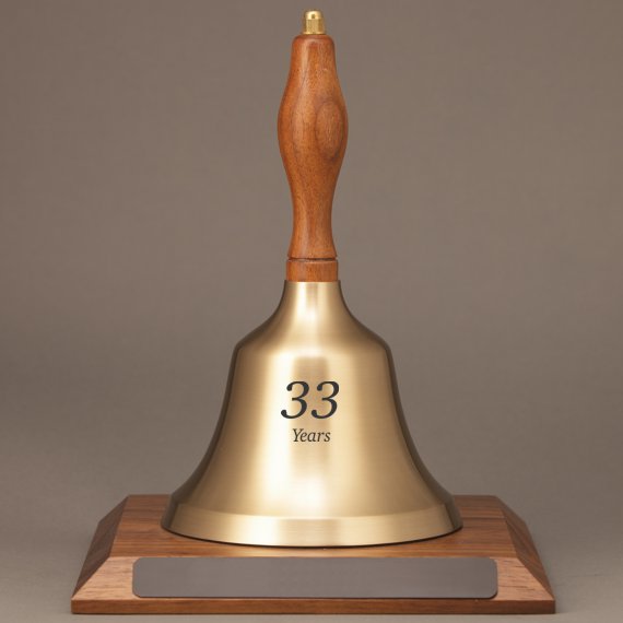 Teacher Appreciation Hand Bell with Walnut Handle and Base - Engraved Bell