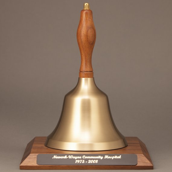 Golden Teacher Recognition Hand Bell with Walnut Handle and Base - Engraved Plate