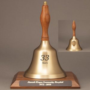 Teacher Recognition Hand Bell with Walnut Handle, Base & Medallion - Bell & Plate Personalization