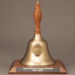Teacher Recognition Gold Hand Bell with Walnut Handle, Base & Medallion - Plate Personalization