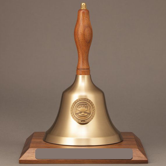 Teacher Recognition Gold Hand Bell with Walnut Handle, Base & Medallion - No Personalization