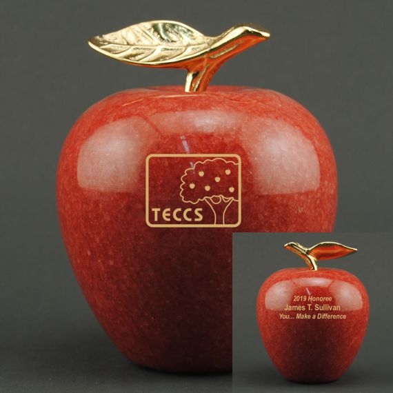 Teacher Appreciation Red Marble Apple on Walnut Base - Double-Sided Personalization