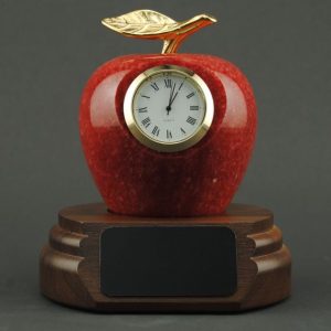 Teacher Appreciation Red Marble Apple Clock on Walnut Base