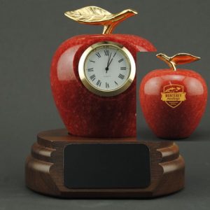 Teacher Appreciation Red Marble Apple Clock On Walnut Base with Custom Engraving on Back