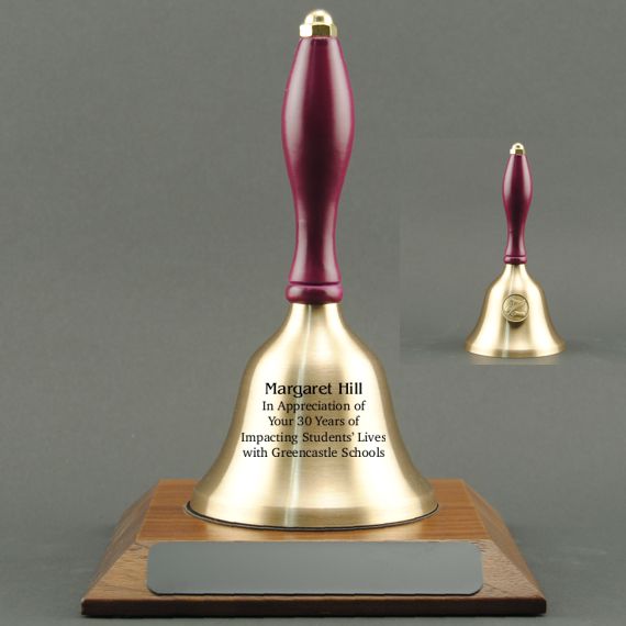 Teacher Recognition Hand Bell with Purple Handle, Base & Medallion - Bell Personalization