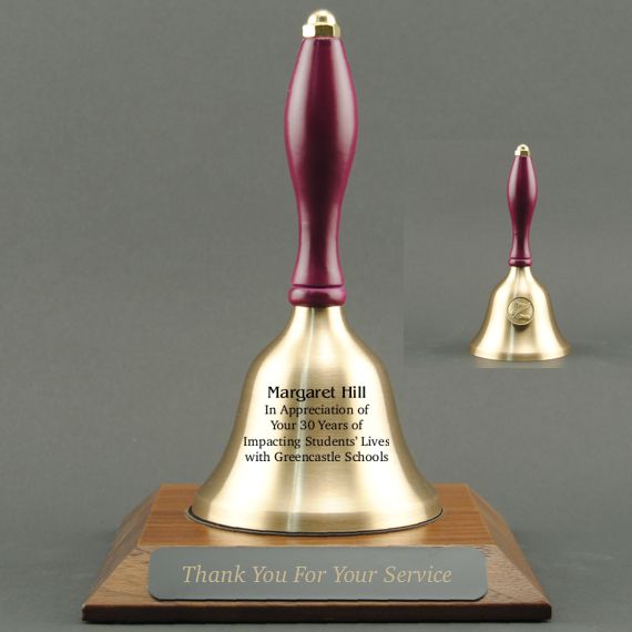 Teacher Recognition Hand Bell with Purple Handle, Base & Medallion - Bell & Plate Personalization