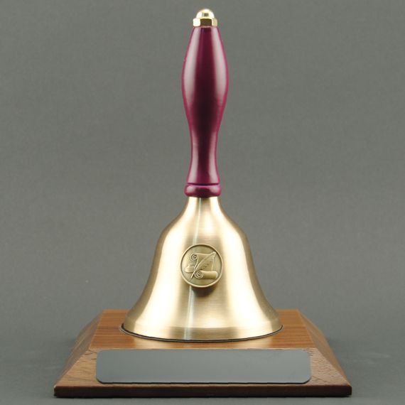 Teacher Recognition Hand Bell with Purple Handle, Base & Medallion - No Personalization