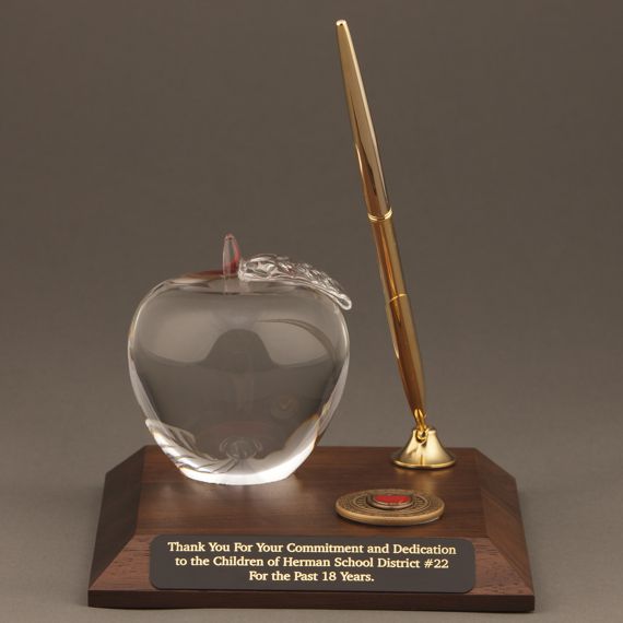Teachers Day - Nursing Retirement Gift - Crystal Apple Award with Pen - Plate Personalization