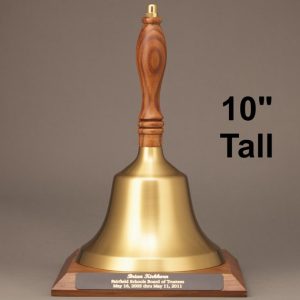 Golden Teacher Recognition Hand Bell with Walnut Handle and Base - Engraved Plate