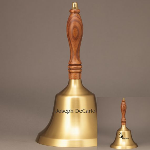 Golden Teacher Recognition Hand Bell with Walnut Handle - 2 Sided Personalization