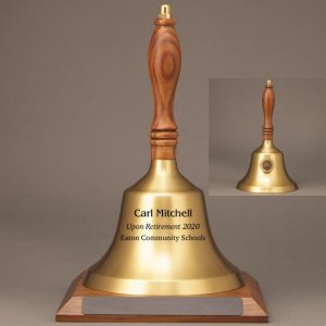Teacher Recognition Hand Bell with Walnut Handle, Base & Medallion - Bell Personalization