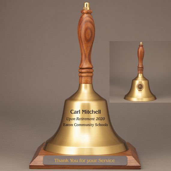 Teacher Recognition Hand Bell with Walnut Handle, Base & Medallion - Bell & Plate Personalization