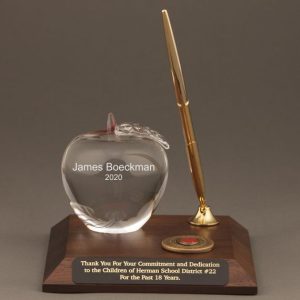 crystal-apple-desk-pen-set-teacher-medallion-personalizede Award with Pen and All Personalization Included