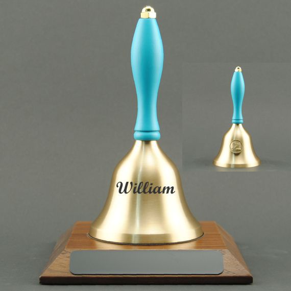 Teacher Recognition Hand Bell with Light Blue Handle, Base & Medallion - Bell Personalization