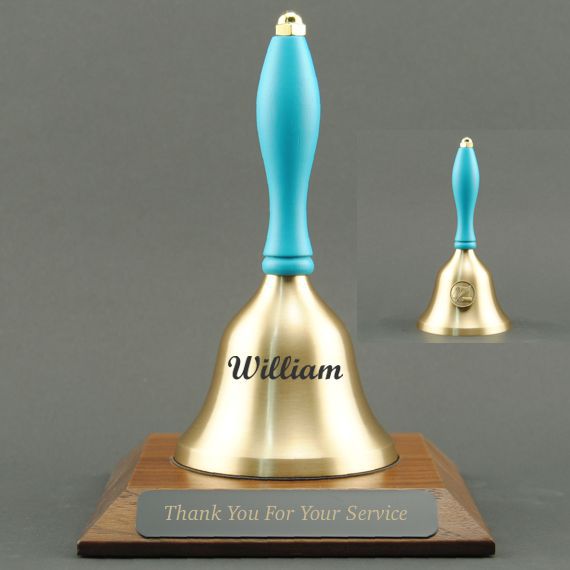Teacher Recognition Hand Bell with Light Blue Handle, Base & Medallion - Bell & Plate Personalization