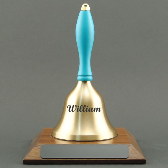 Teacher Appreciation Hand Bell with Light Blue Handle and Base - Engraved Bell