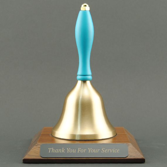 Teacher Appreciation Hand Bell with Light Blue Handle and Base - Engraved Plate