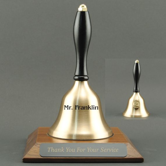 Teacher Recognition Hand Bell with Black Handle, Base & Medallion - Bell & Plate Personalization