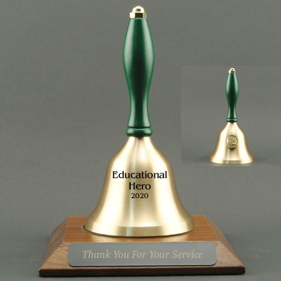 Teacher Recognition Hand Bell with Green Handle, Base & Medallion - Bell & Plate Personalization