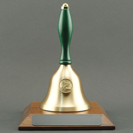 Teacher Recognition Hand Bell with Green Handle, Base & Medallion - No Personalization