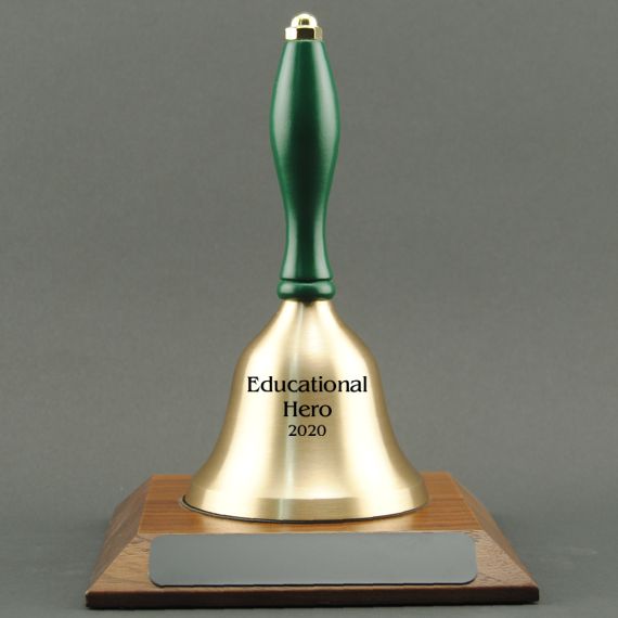 Teacher Appreciation Hand Bell with Green Handle and Base - Engraved Bell