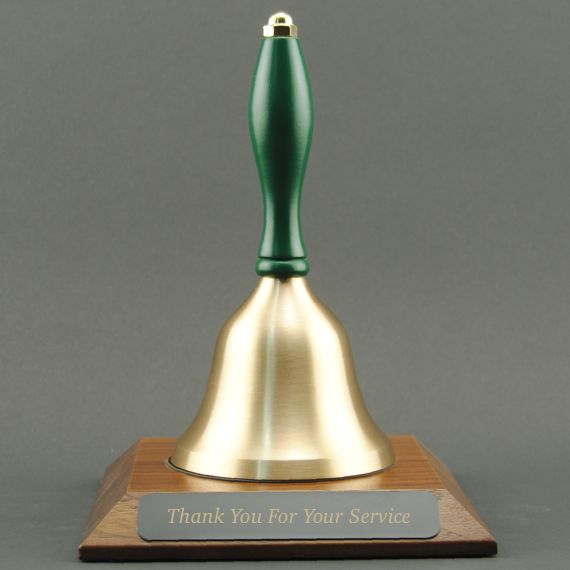 Golden Teacher Recognition Hand Bell with Green Handle and Base - Engraved Plate