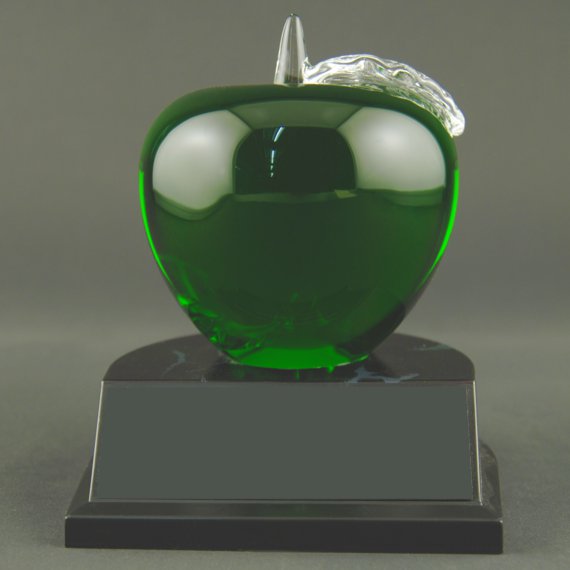 Non-Engraved Green Crystal Apple Trophy on Black Alamar Base for Teacher Recognition