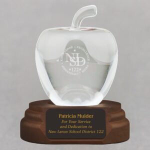 Etched Smooth Crystal Apple on Walnut Base Engraved