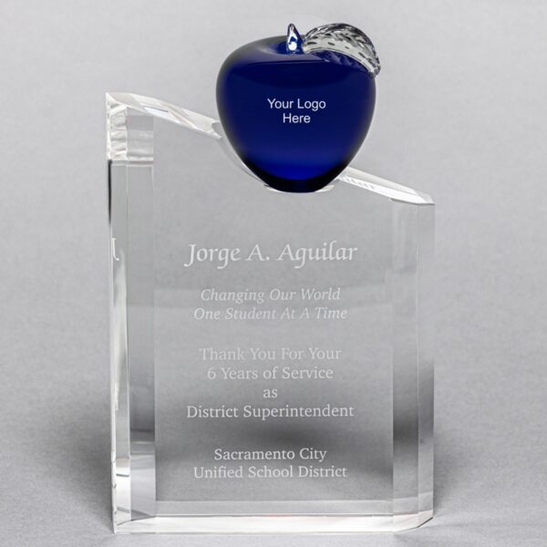 Blue Crystal Apple Pillar Award - Apple and Pillar Personalization Included