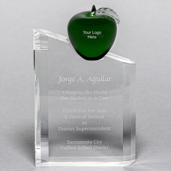 Green Crystal Apple Pillar Award - Apple and Pillar Personalization Included